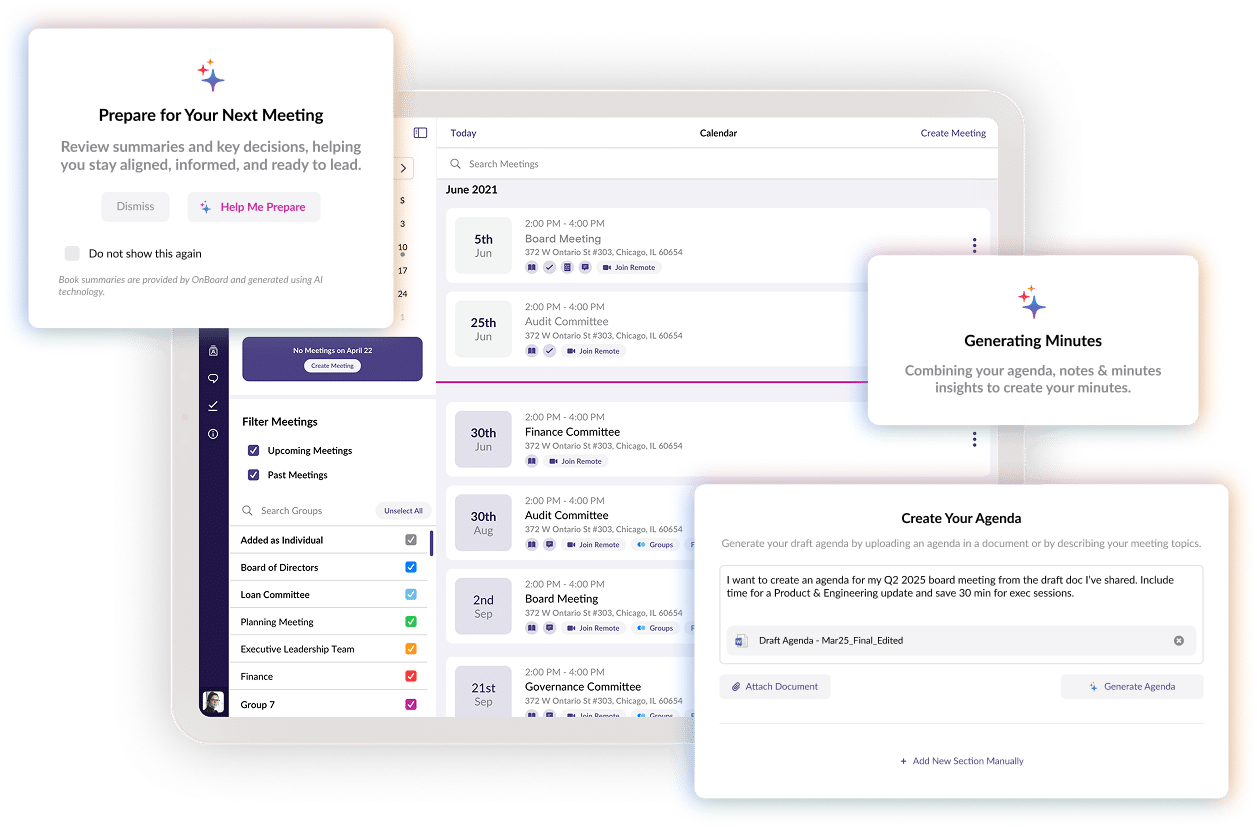 OnBoard AI Suite: Prepare for Your Next Meeting, Generating Minutes, and Create Your Agenda over the board calendar